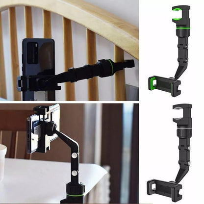 Adjustable phone holder in use - car rearview mirror and kitchen